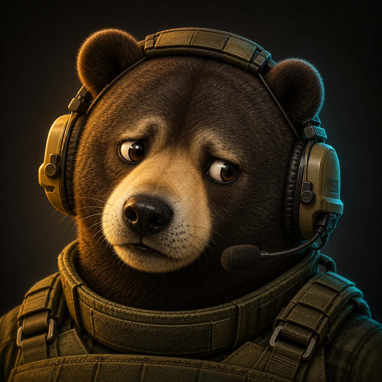 Confession Bear looking sheepish in a tactical vest