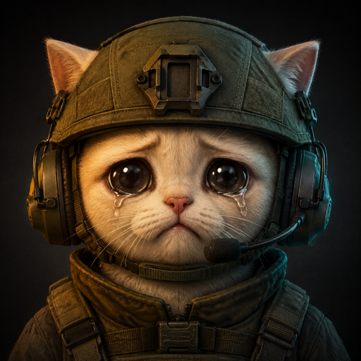 Crying Cat wearing tactical gear with tear-filled eyes