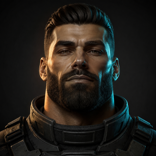 Gigachad in tactical armor with a squared jaw and headset