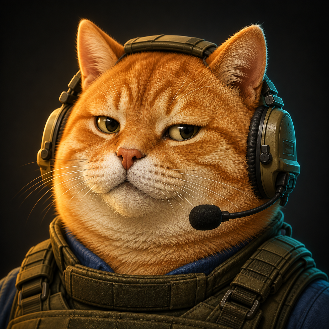Keyboard Cat wearing a headset over a yellow shirt