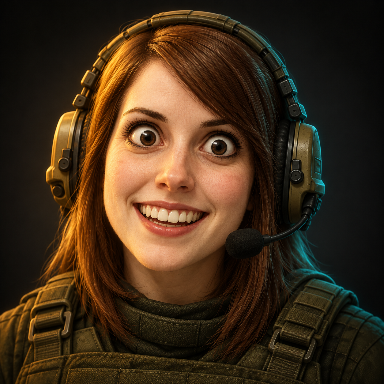 Overly Attached Girlfriend staring ahead in tactical gear