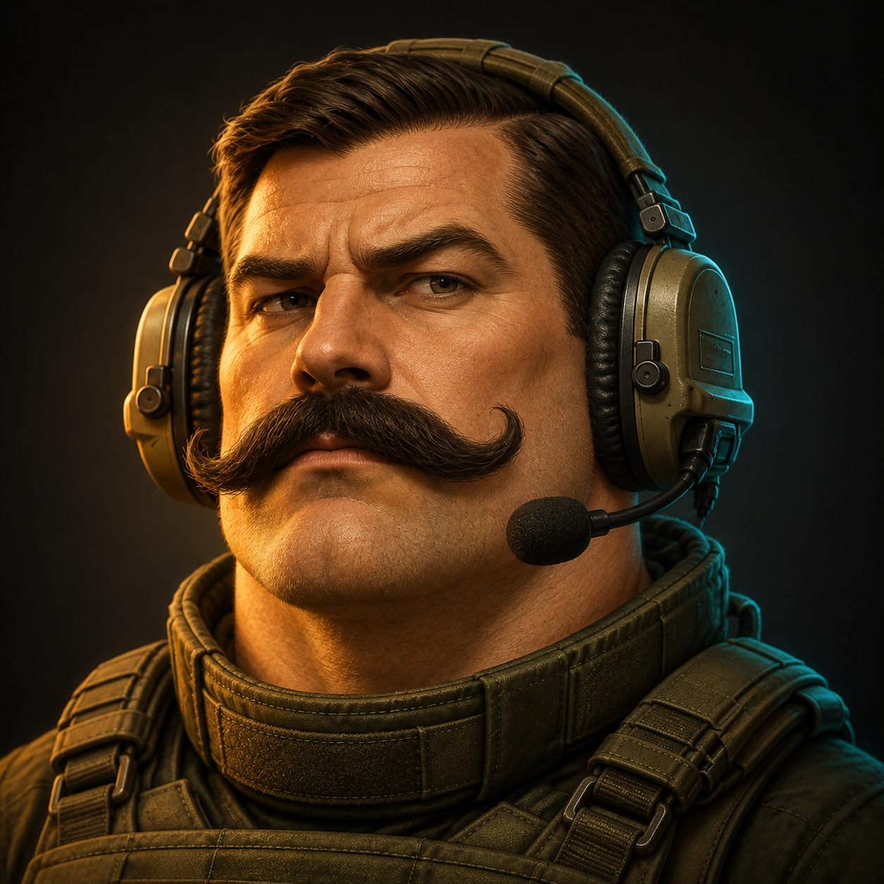 Overly Manly Man with a thick mustache and tactical vest