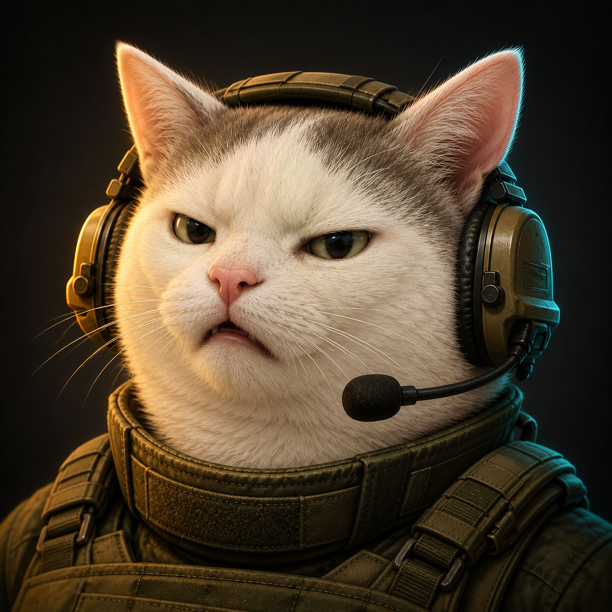 Smudge the white cat looking indignant in tactical gear