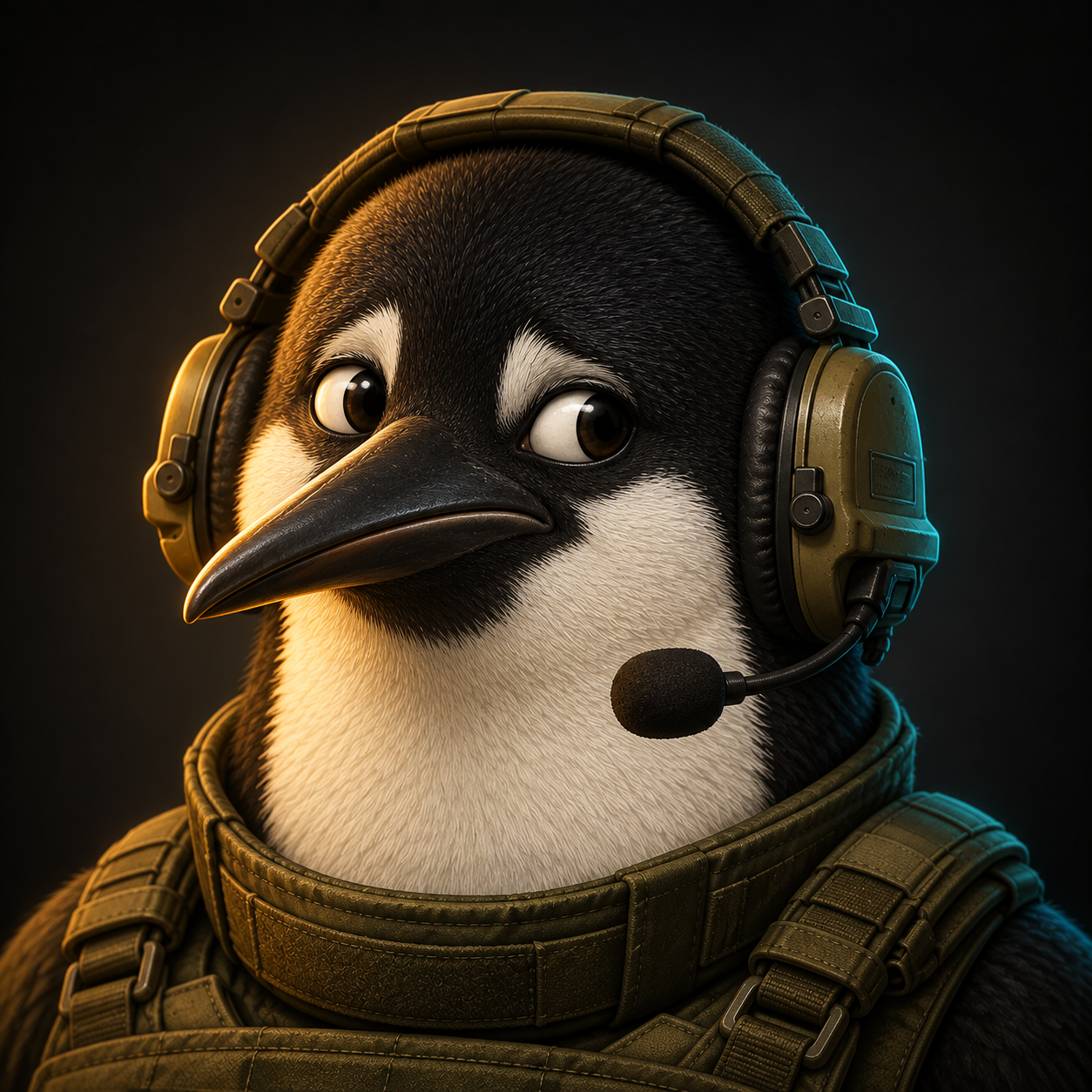 Socially Awkward Penguin in a tiny tactical harness