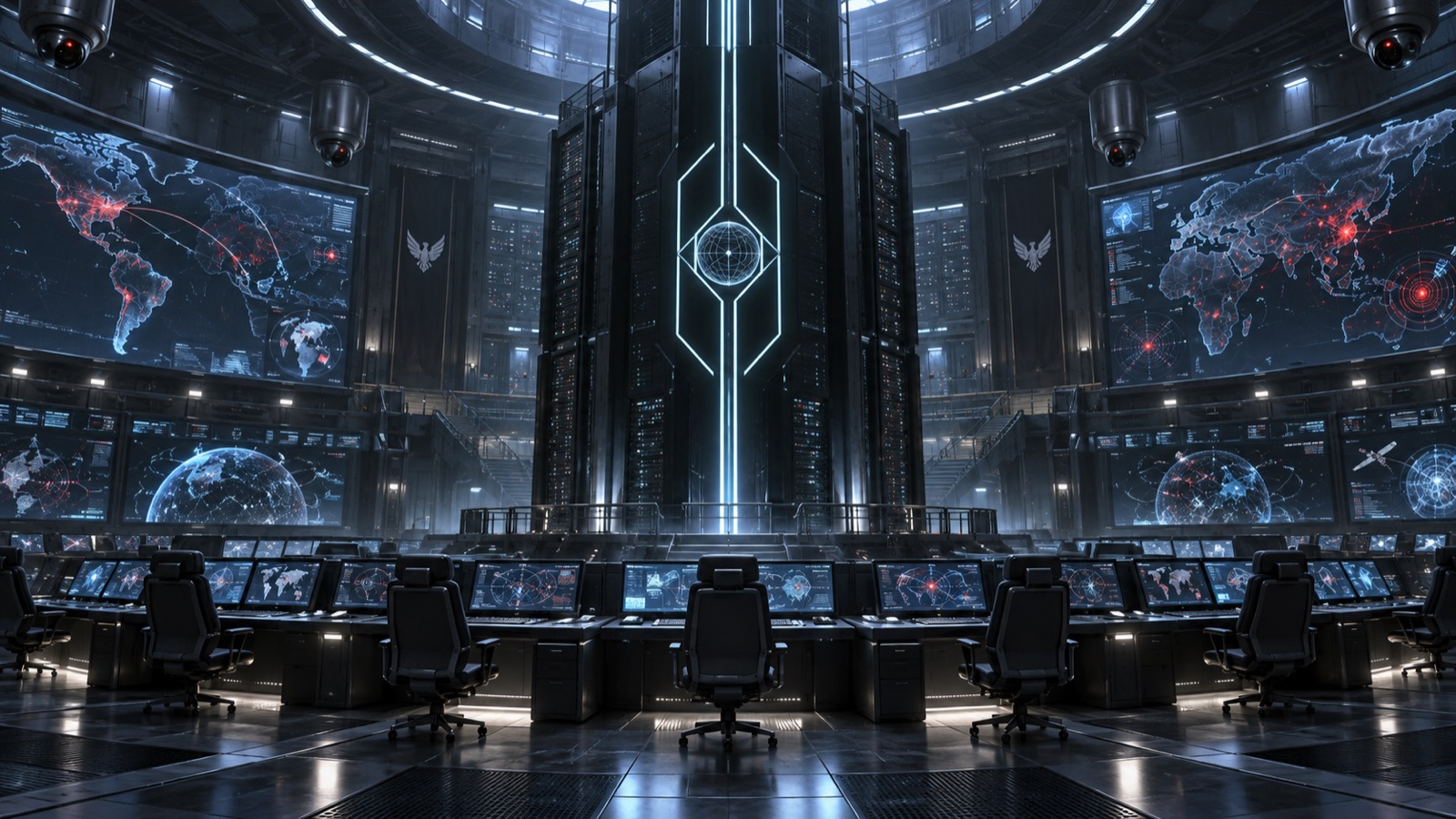 An empty automated command center with a glowing core and world maps on the walls