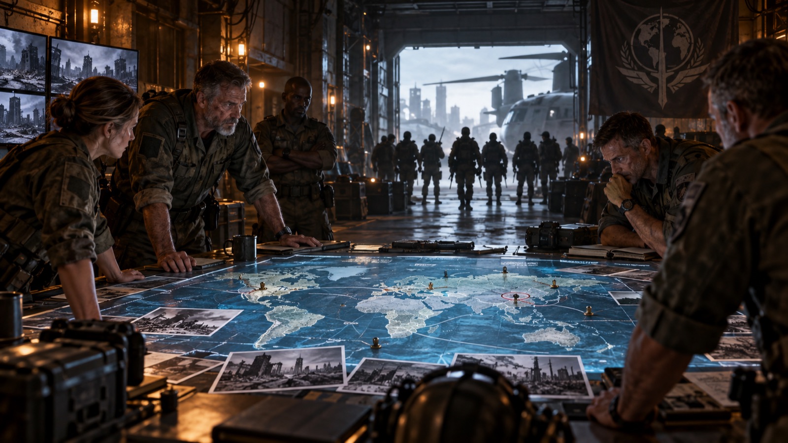 Military commanders around a holographic world map as an elite unit assembles in a hangar