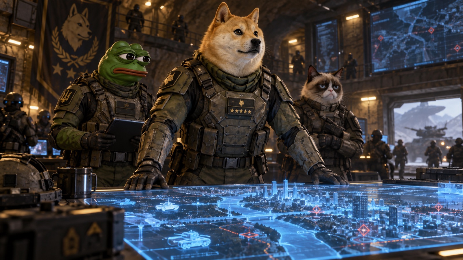 Doge commanding from a holographic city map, with Pepe and Grumpy Cat at his side