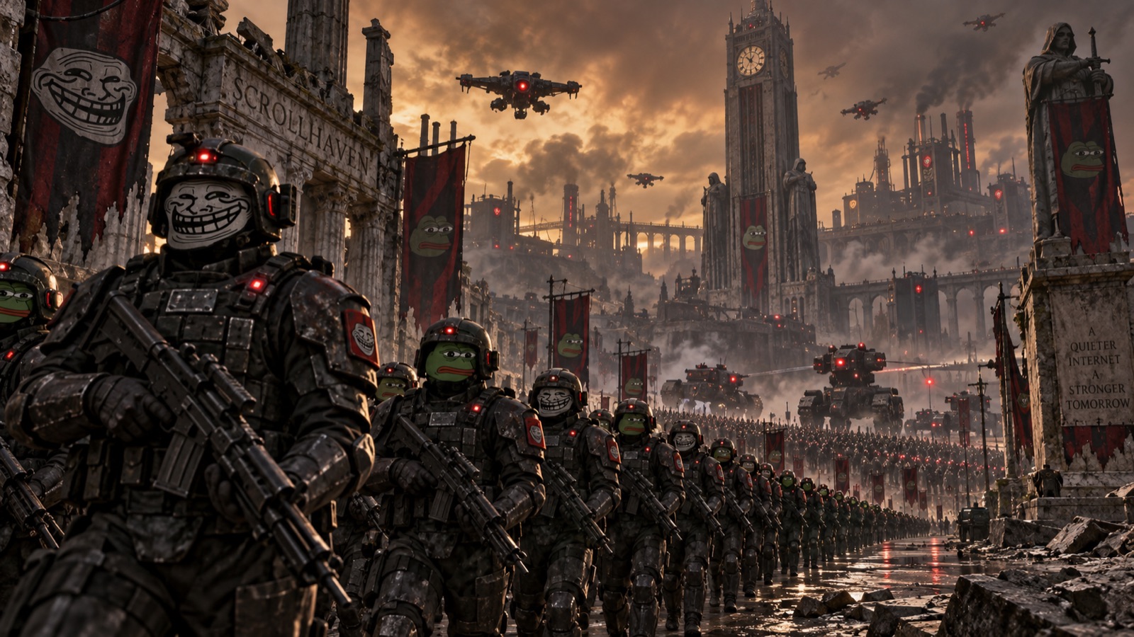 Columns of charcoal-armored soldiers with meme faces occupying a ruined Scrollhaven boulevard