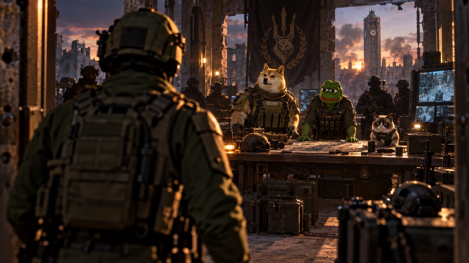 An unnamed recruit in a helmet facing Doge, Pepe, and Grumpy Cat across a ruined command table