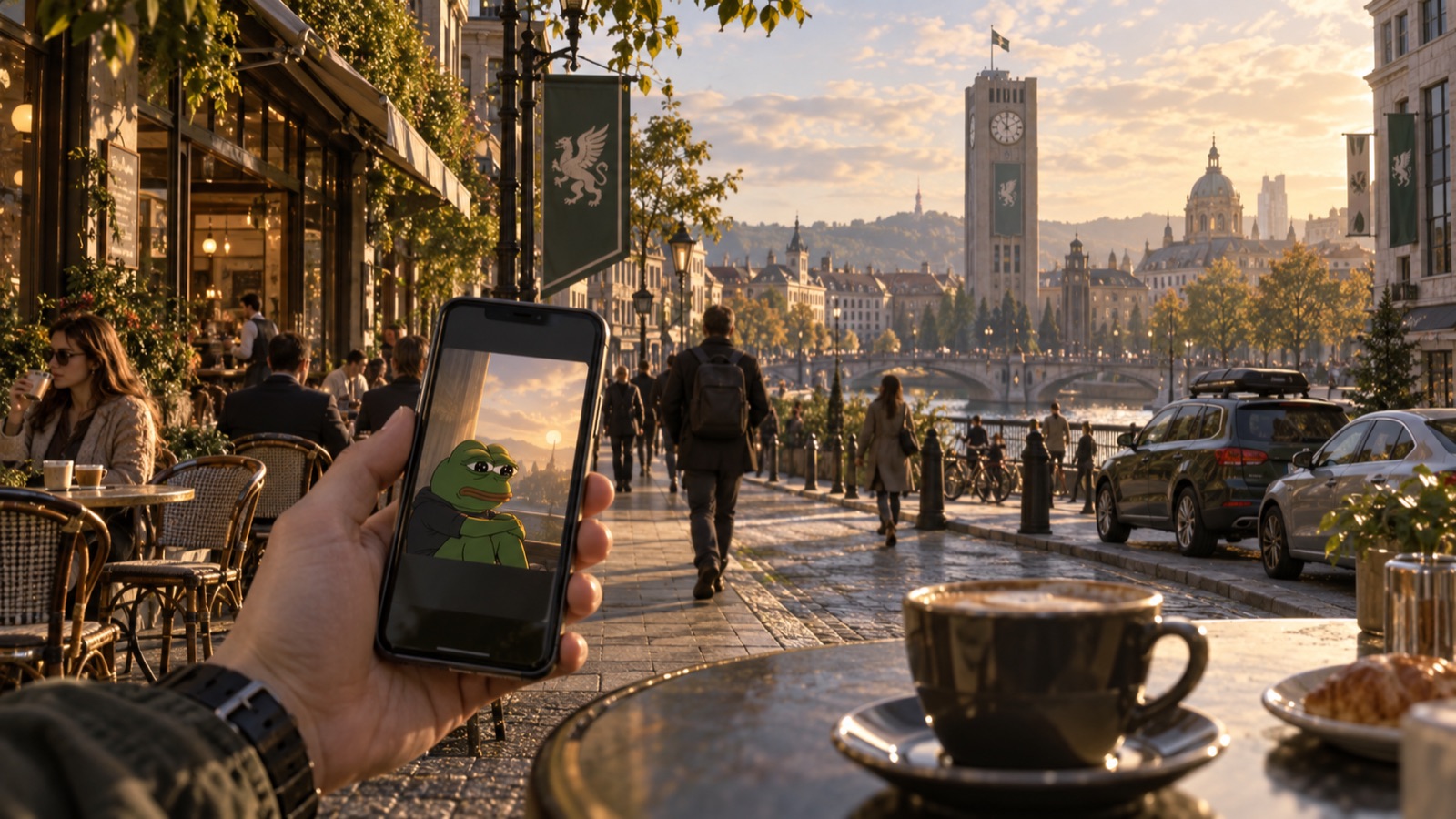 A quiet Scrollhaven cafe at sunrise, a phone showing a sad frog meme beside a coffee cup