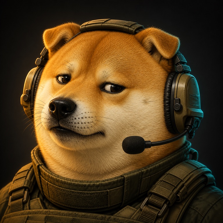 Cheems, a nervous Shiba Inu in oversized tactical gear