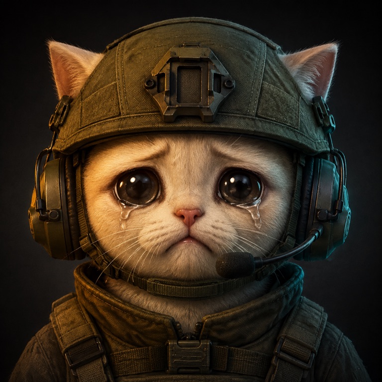 Crying Cat wearing tactical gear with tear-filled eyes