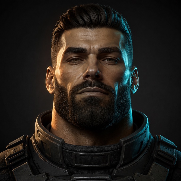 Gigachad in tactical armor with a squared jaw