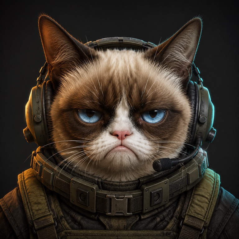 Grumpy Cat in tactical armor with a stern expression