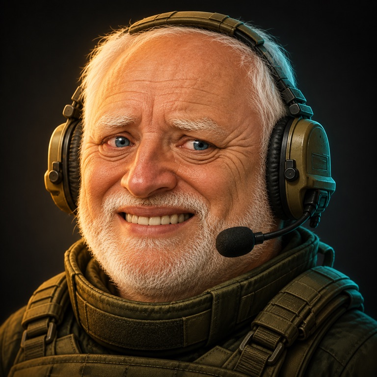 Hide the Pain Harold smiling tightly in tactical gear