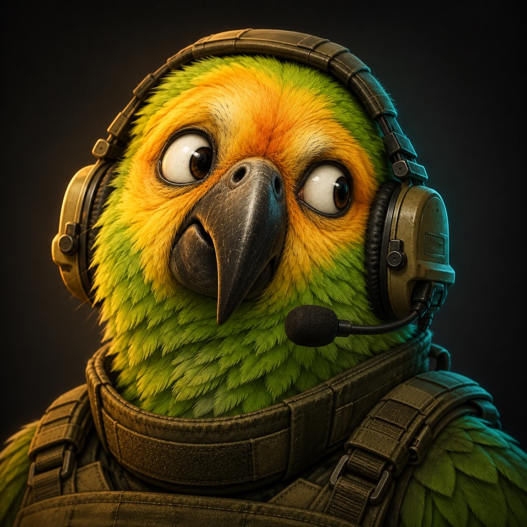 Paranoid Parrot glancing sideways in tactical gear