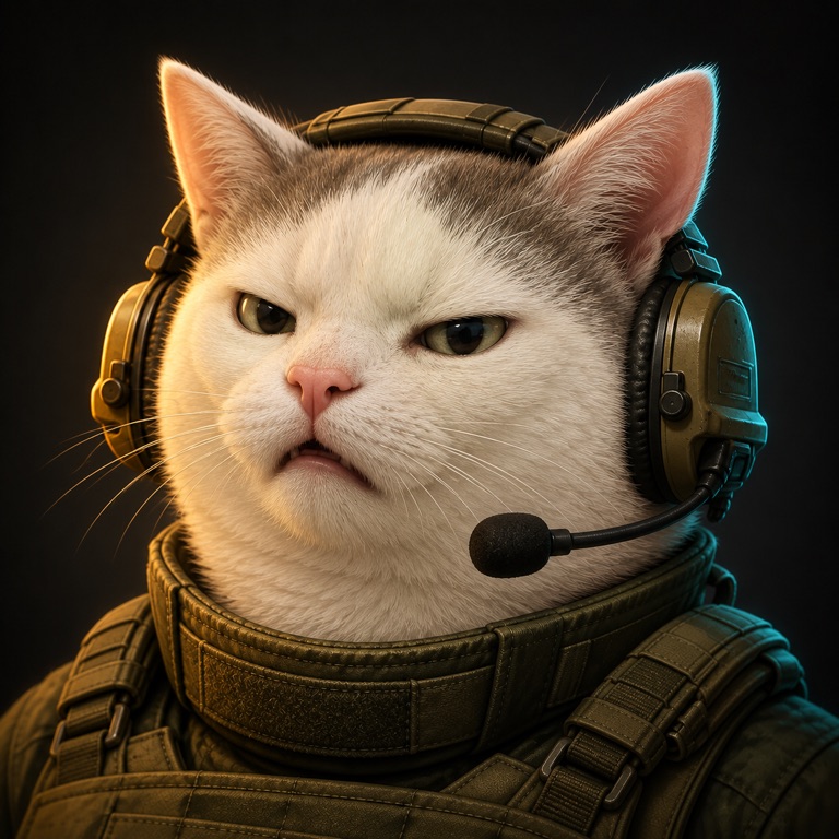 Smudge the white cat looking indignant in tactical gear