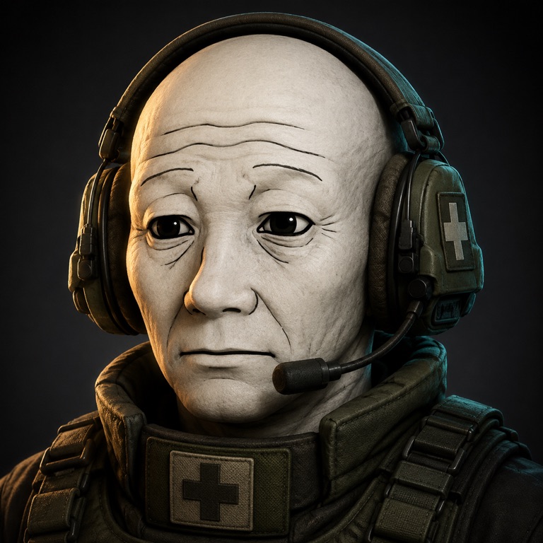 Wojak wearing a headset and a weary expression